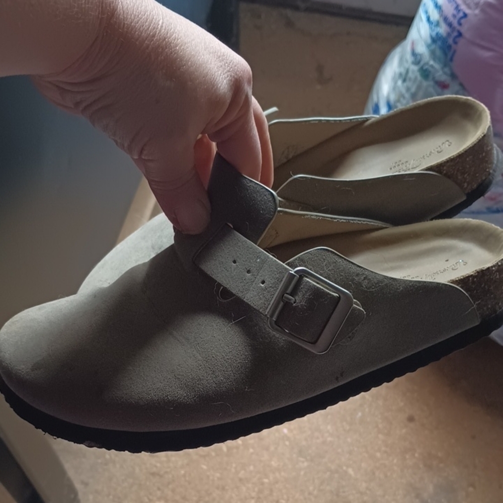 Tan Birk Like Slip-On Clogs with Buckle
